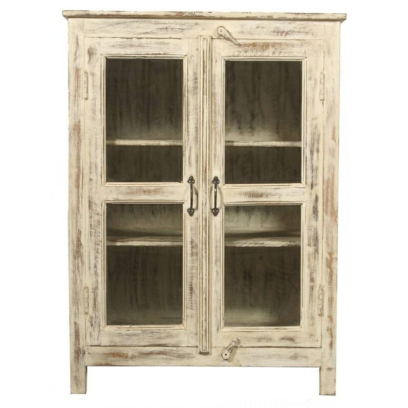 White Distressed Glass Door Cabinet, White Cabinet With Glass Doors And Drawers