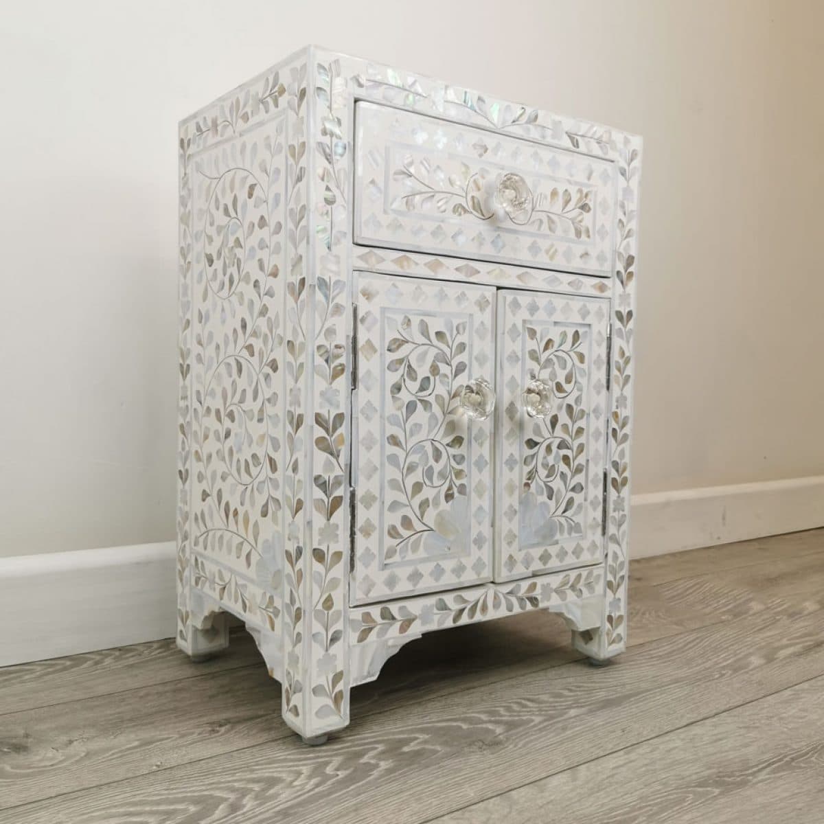 White Mother of Pearl Bedside Cupboard - Iris Furnishing