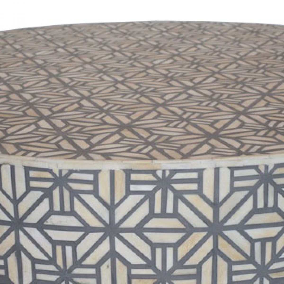 Round Grey bone Vector inlay coffee table with Brass base - Iris Furnishing