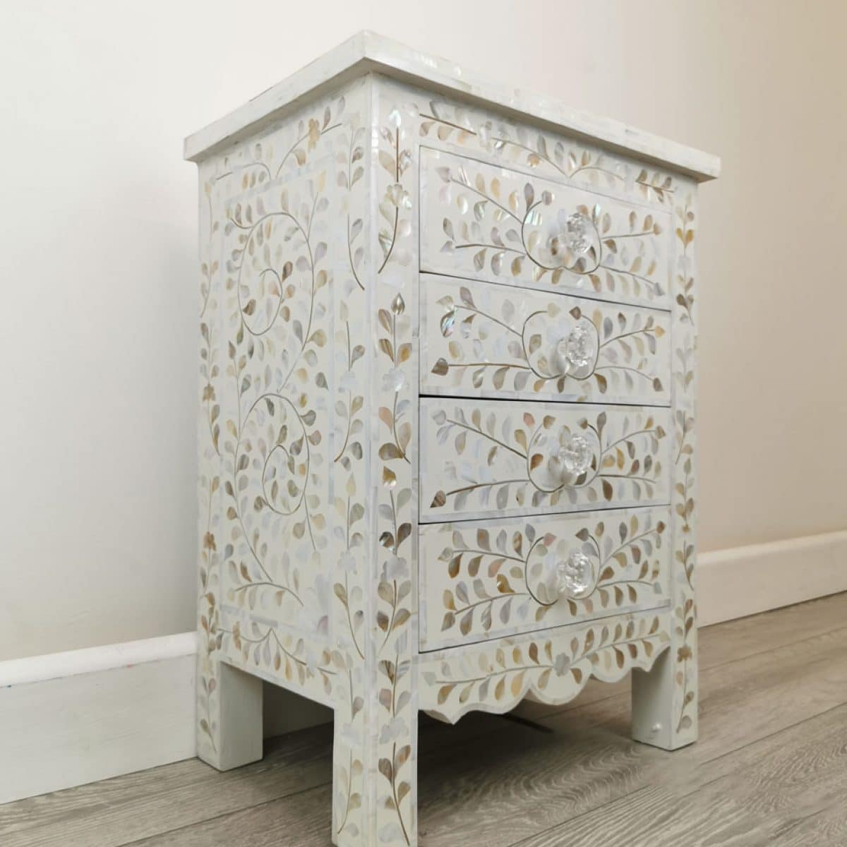White Mother of Pearl four drawer bedside chest - Iris Furnishing