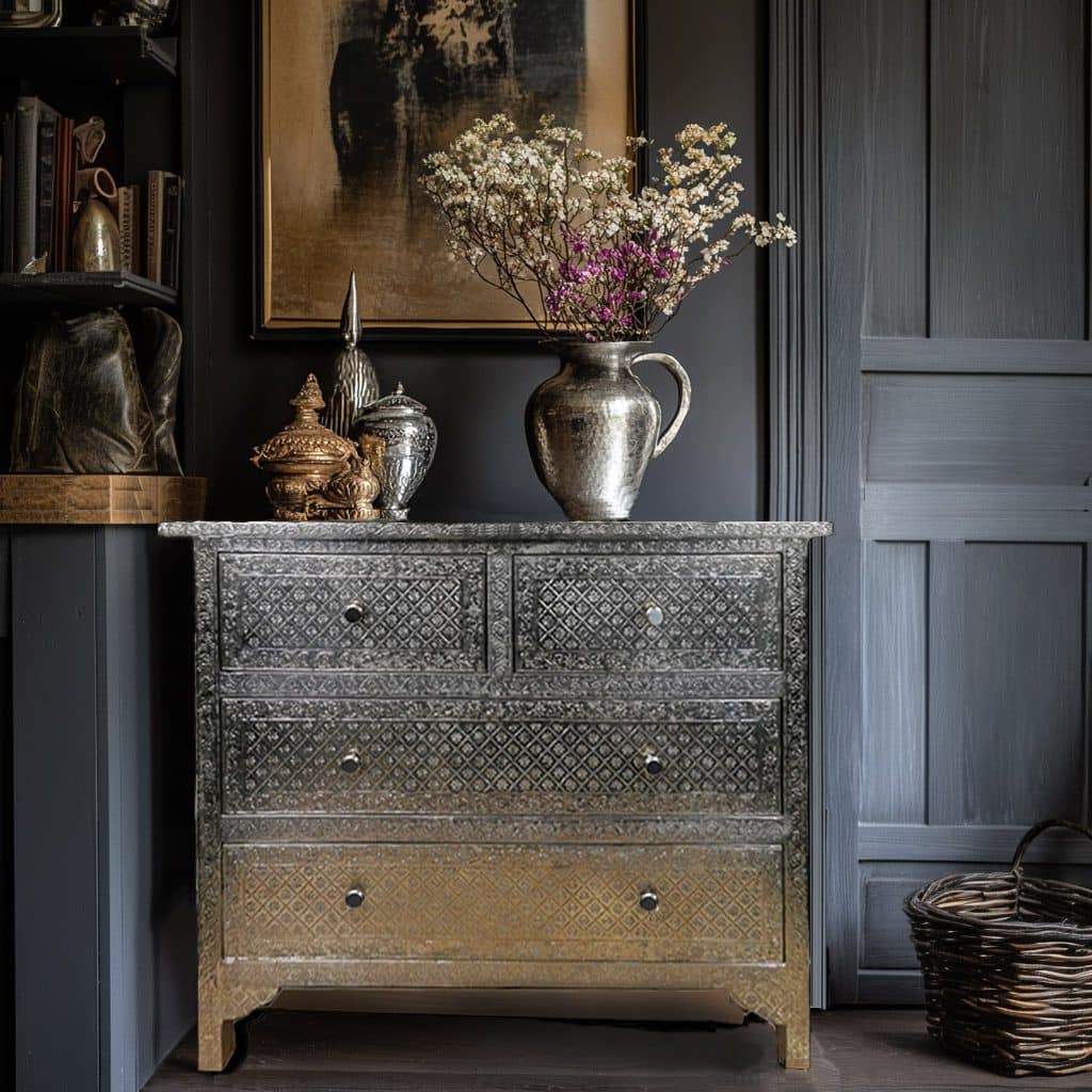 Embossed White Metal Chest of Drawers Iris Furnishing